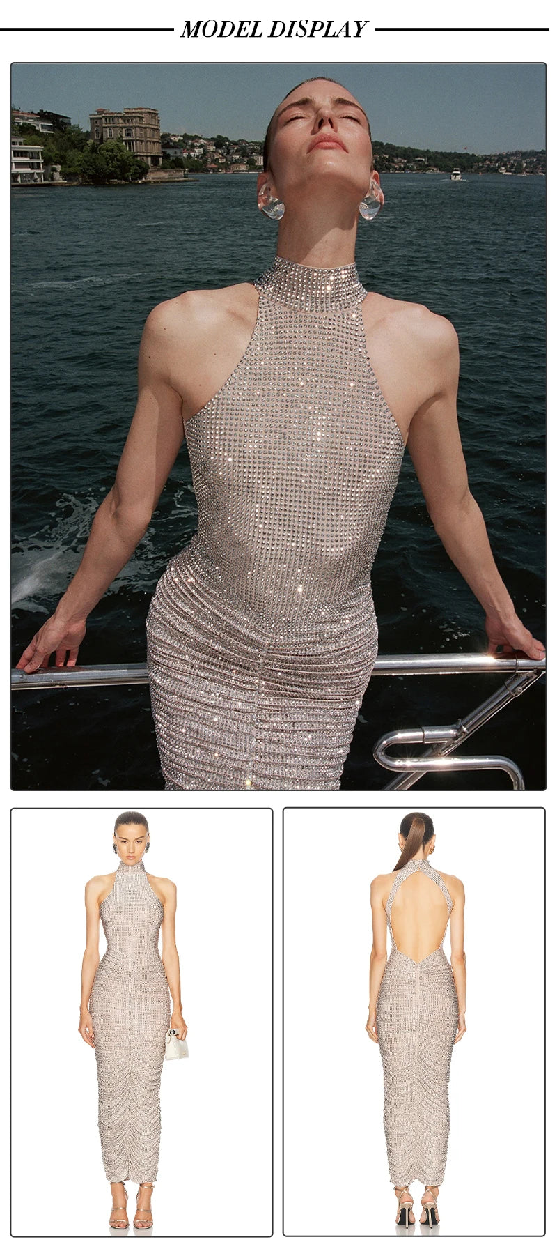 VC Halter Neck Backless Diamonds Long Dress For Women Sleeveless Folds Slim Formal Elegant Celebrity Cocktail Party Gown Vestido