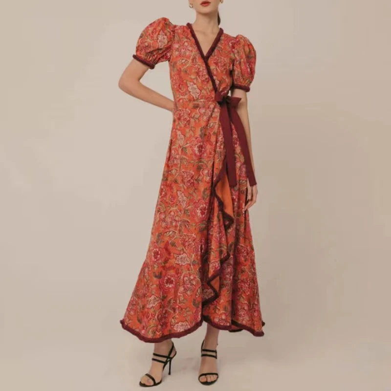 Ethnic Retro Floral Print Lace-up Long Dress Woman New Spring V-neck Puff Sleeve Party Dress Summer Ruffle A-Line Hem Boho Dress