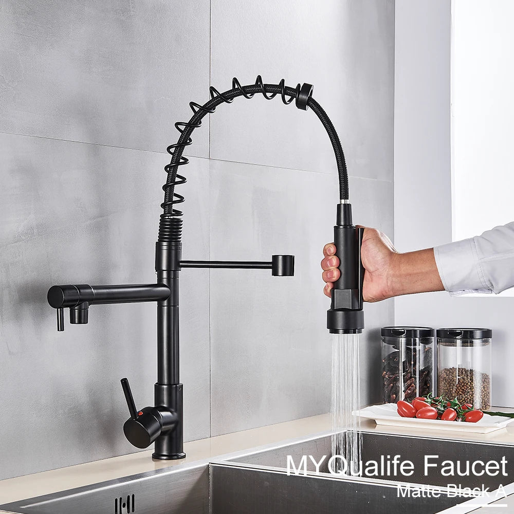 Black Pull Down Kitchen Sink Faucet Hot Cold Water Mixer Crane Tap with Dual Spout 360 Rotation High Faucet Deck Mounted