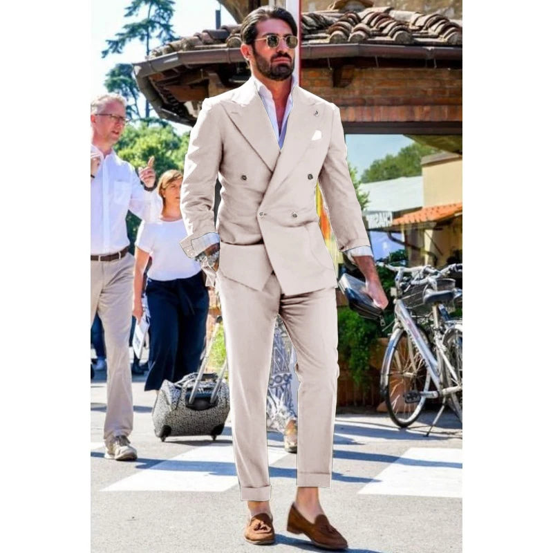 Men's Suit Two-piece Solid Color Double Breasted Fashion Spike Lapel Slim Fit Cropped Pants Casual Business Party Suits 2023