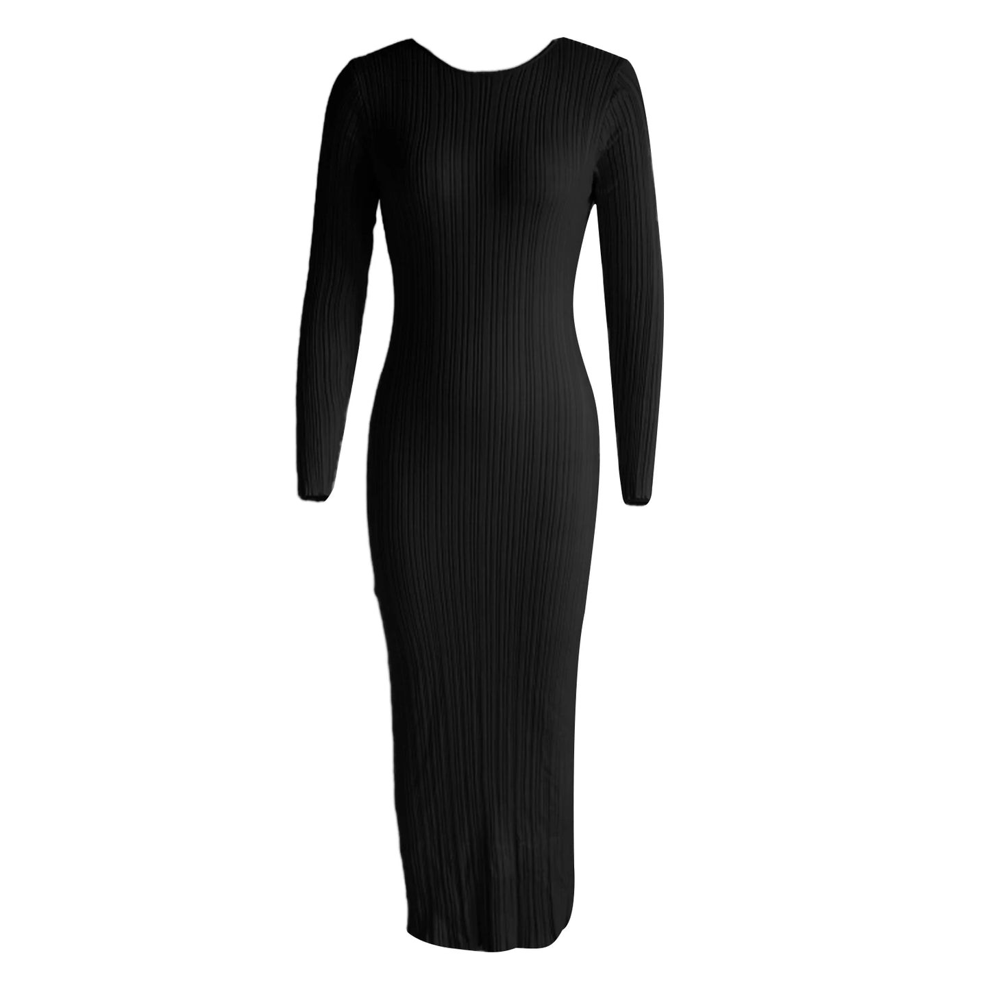 Women Spring Autumn Solid Color Bodycon Knit Dress Long Sleeve Crew Neck Ribbed Dress Slim Fit Long Dress