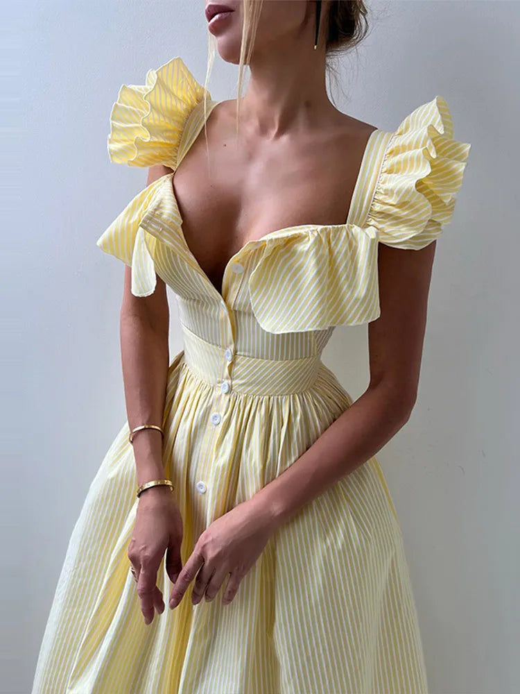 Flying Sleeve Ruffle Striped Slip Long Dress Women Elegant Square Collar Waist Cinching Pleat Party Dresses Chic Ladies Vestido