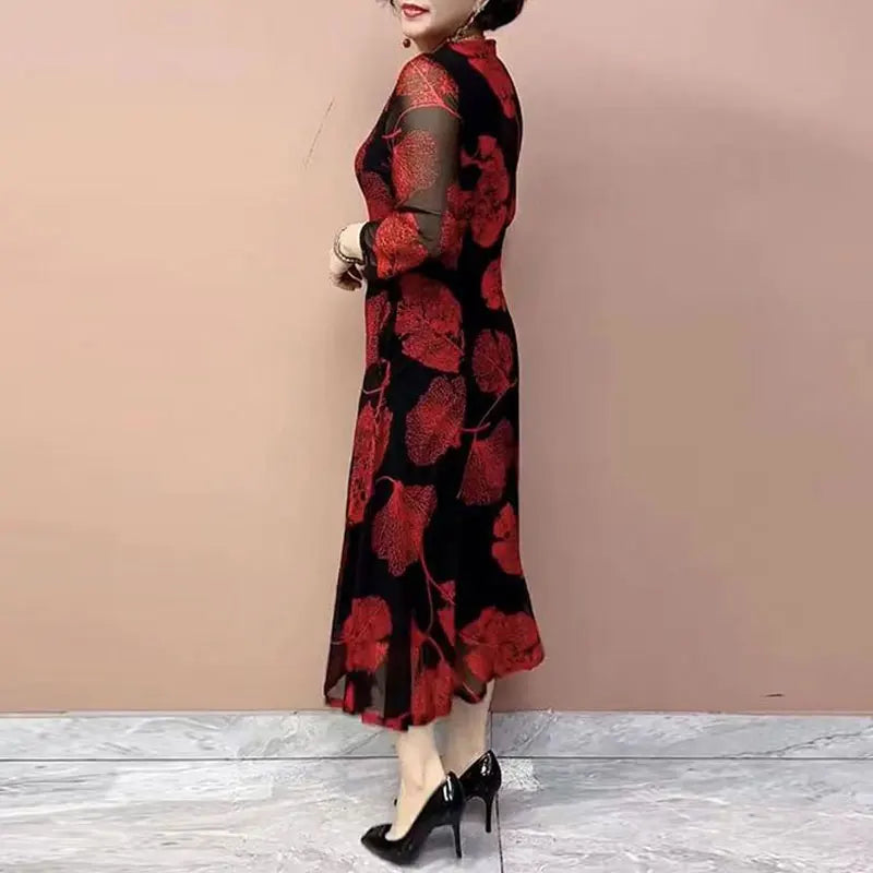 Female Clothing Vintage Leaf Printed Long Dress Elegant V-Neck Spring Summer New Casual 3/4 Sleeve Chic Diamonds A-Line Dresses