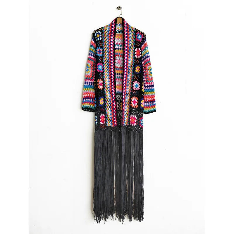 Crochet Knitted Women Cardigan Cover Ups Tassel Plaid Long Coat Bohemian 2023 Summer Beach Bikini Covers Sexy Hook Vestidos