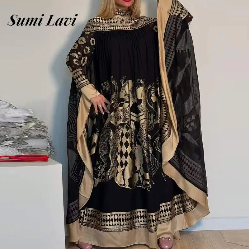 Women Fashion Turtleneck Pleated Robe Dress 2025 Elegant Pattern Print Loose Long Dress Casual Batwing Sleeve Muslim Party Dress
