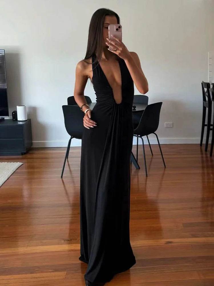 Deep V Neck Halter Long Dress Women Sexy Ruched Ribbon Splice Summer Dress 2025 New Vacation Slim Sleeveless Backless Vestidos