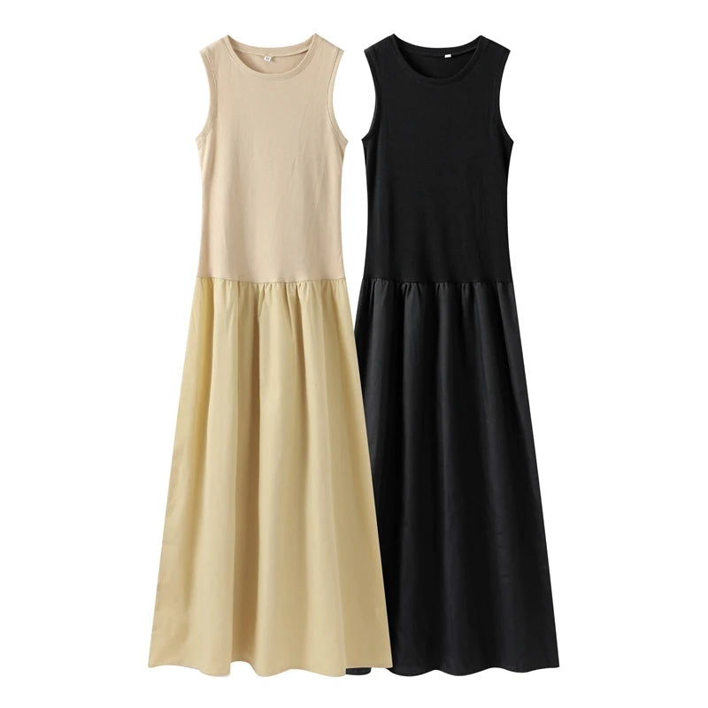 Fashion Patchwork Long Dress For Women Chic O-neck Sleeveless Party Midi Dresses Female Elegant Evening Holiday Lady Vestidos