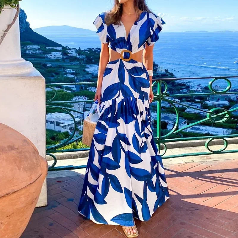 Women's V-Neck Printed Dress Flower Print New Casual Ruffled Short Sleeves Long Dress Swing Bohemian Retro Dress Women Clothing