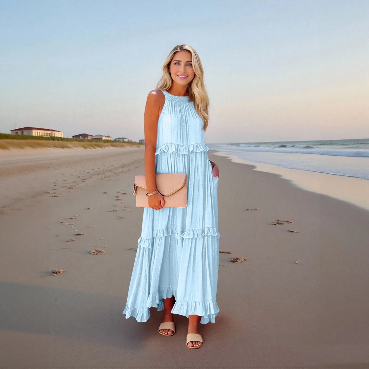 Women's Ruffled hem layered long dresses Summer Sleeveless backless dress Fashion Long Dress Big Swing Beach Dress vestidos