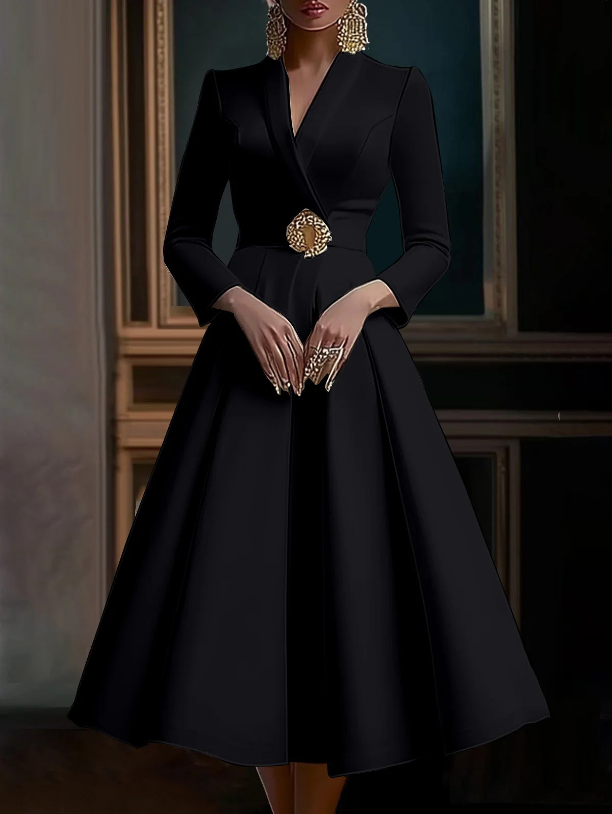 Elegant Women's Dress Wrap V Neck Long Sleeve Pleated Midi Dress Waisted Evening Party Dress Women's Long Dress Vestidos