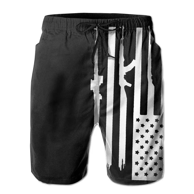 American Flag Gun Weapons Hawaii 3D Printing Hip Hop Board Shorts Summer Swimsuit Surf Swim Trunks Big Size Swimwear Men Beach