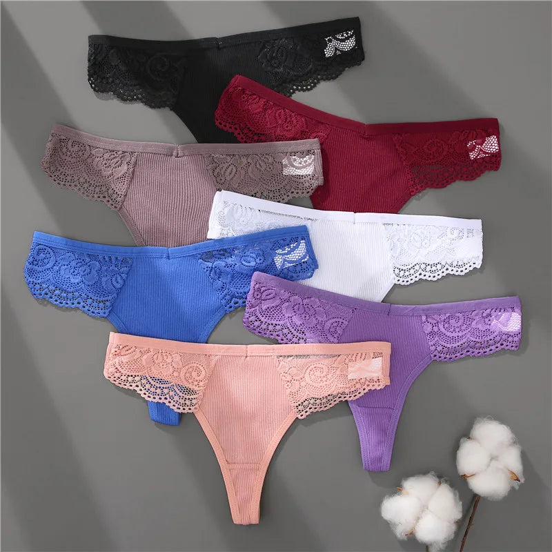FINETOO 8Pcs Women's Cotton Underwear Lace Thongs Sexy Solid Color Low Waist Bikini Panties Ladies Breathable G-string Lingerie