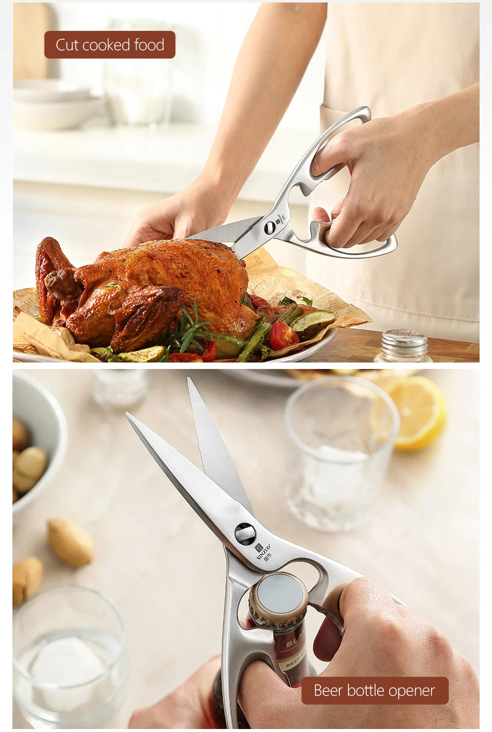 XINZUO Kitchen Scissors One Piece 3Cr13 Stainless Forged Steel Kitchen Powerful Multi-Function Chicken Bone Kitchen Shears