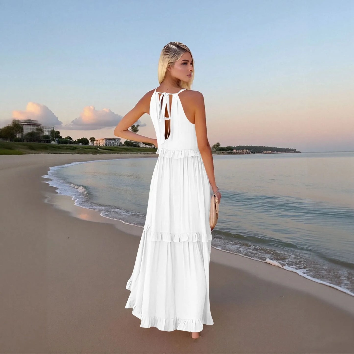 Women's Ruffled hem layered long dresses Summer Sleeveless backless dress Fashion Long Dress Big Swing Beach Dress vestidos