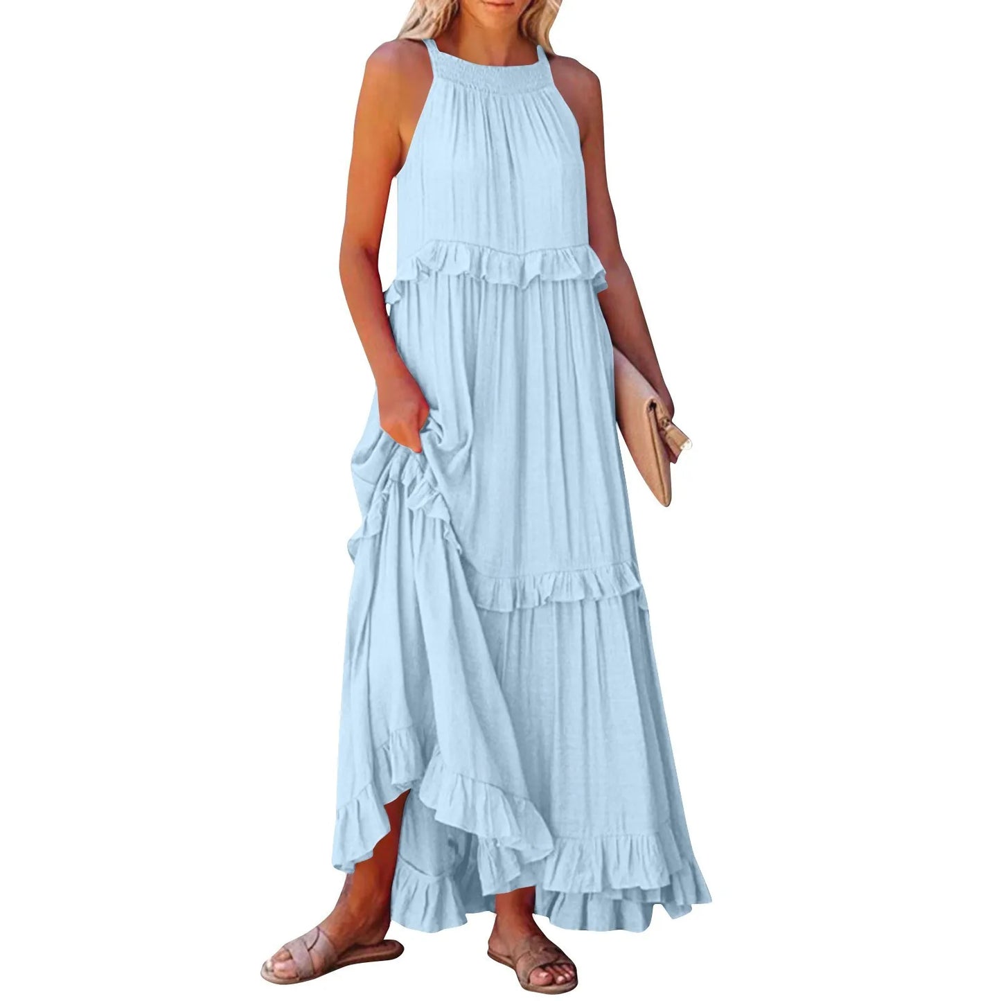 Women's Ruffled hem layered long dresses Summer Sleeveless backless dress Fashion Long Dress Big Swing Beach Dress vestidos