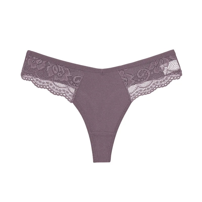 FINETOO 8Pcs Women's Cotton Underwear Lace Thongs Sexy Solid Color Low Waist Bikini Panties Ladies Breathable G-string Lingerie