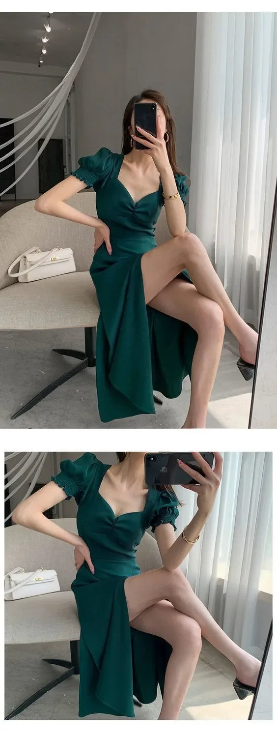 Sweet Vintage French Style Women's Long Dress Summer Hot Sale Of The Season New Bubble Sleeve Square Collar A- Line Split Skirt