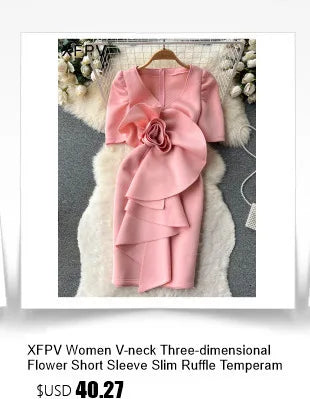 XFPV 2025 Spring New Fashion High-end V-neck Lantern Sleeves High Waist Print Swing Ruffle Edge Chiffon Long Dress Women SM11517