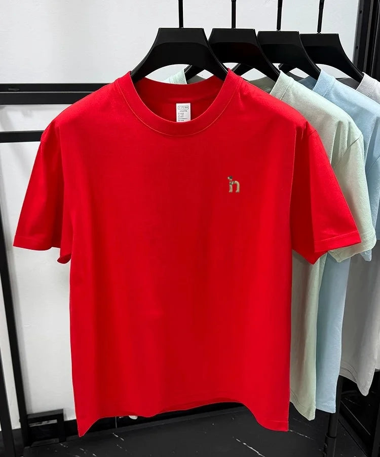 100% pure cotton new high-end brand men's round neck short sleeved T-shirt summer fashion dog embroidery Korean loose design top