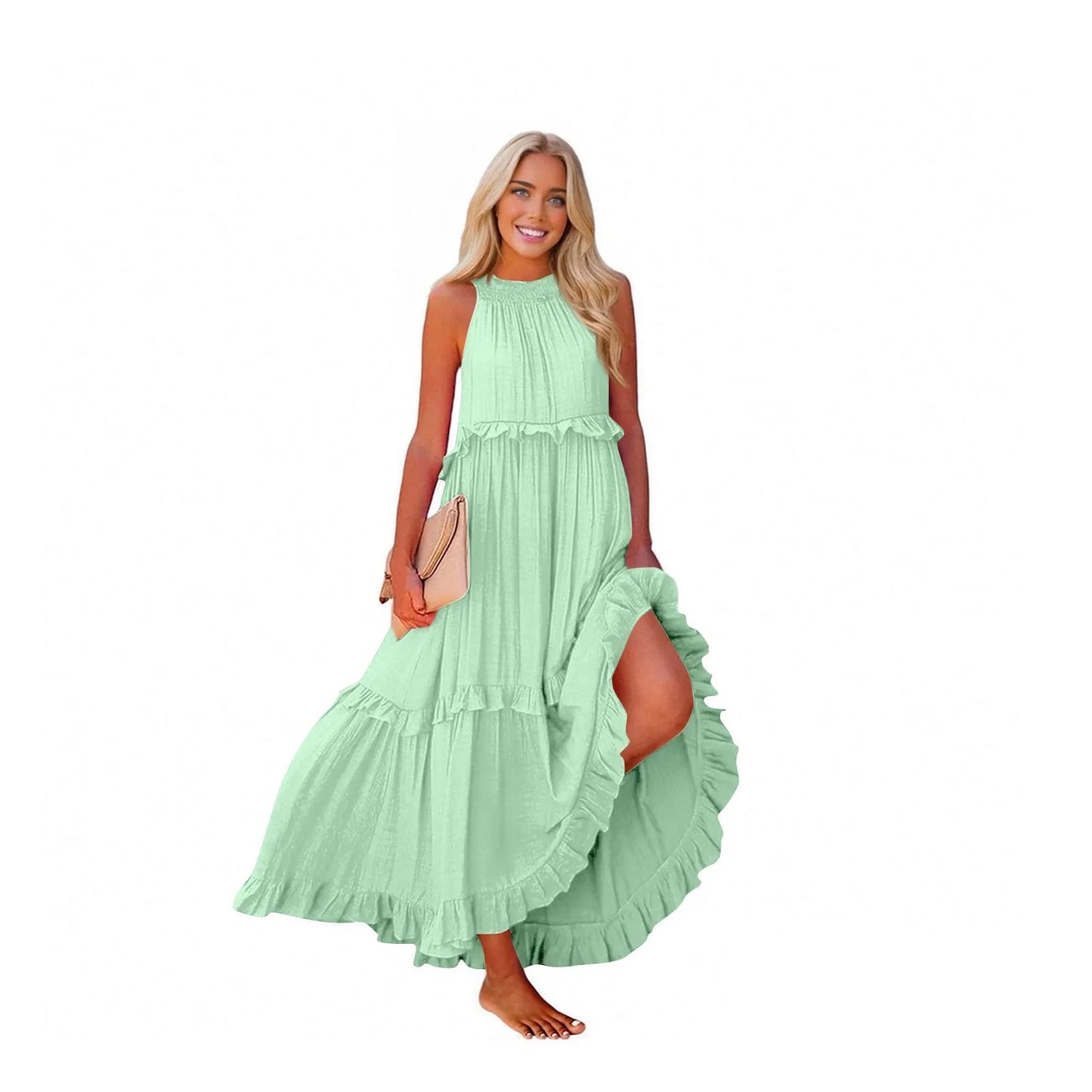 Women's Ruffled hem layered long dresses Summer Sleeveless backless dress Fashion Long Dress Big Swing Beach Dress vestidos