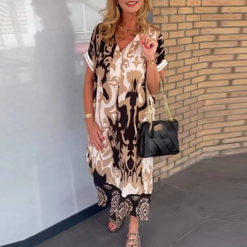 Retro Fashion Spring V Neck Party Dresses Woman Elegant Floral Print A-Line Long Dress 2025 Summer Short Sleeve Loose Boho Dress