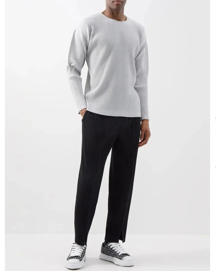 Pleats Original Pleated T-shirt 2024 Spring And Summer New Long-sleeved Round Neck Men's Tops Round Neck T-shirt Casual Clothing