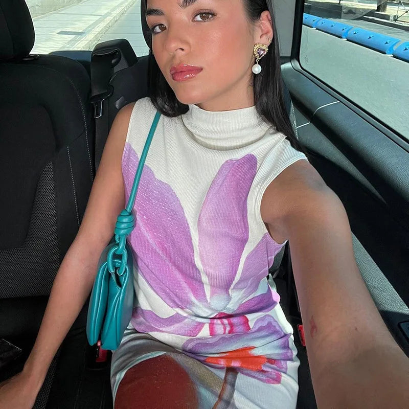 2024 Spring Summer Women long Dress Turtleneck Print Slit Round Neck Sleeveless Slim Fit Maxi Dress Robes Female Party Vestidos