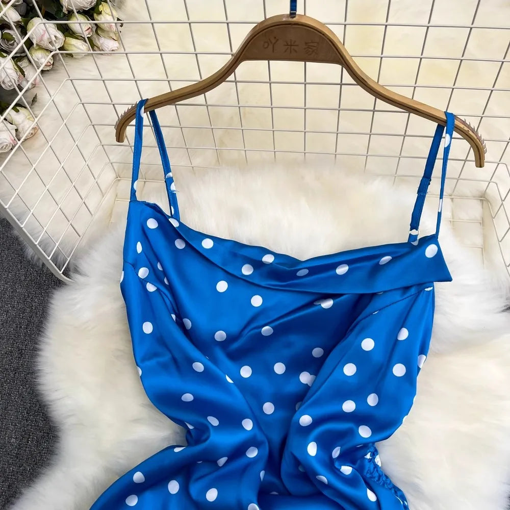 YuooMuoo Chic Polka Dot Camisole Dress for Women 2024 Summer Sexy High Split Drawstring Vacation Beach Long Dress Party Vestidos