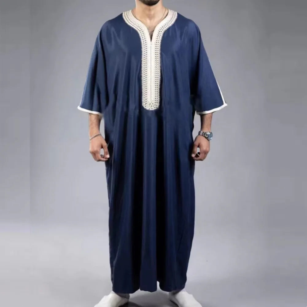 Muslim ethnic style men's long robe, Eid al Fitr formal attire, round neck embroidered men's robe, various colors men's robe