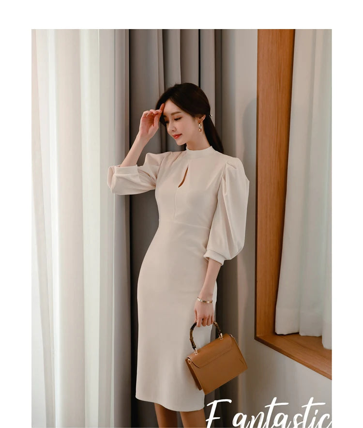 H Han Queen Hot sale Autumn Fashion Stand Collar Puff Sleeve Female Pencil bodycon Dress Slim Solid color Midi Casual Dresses