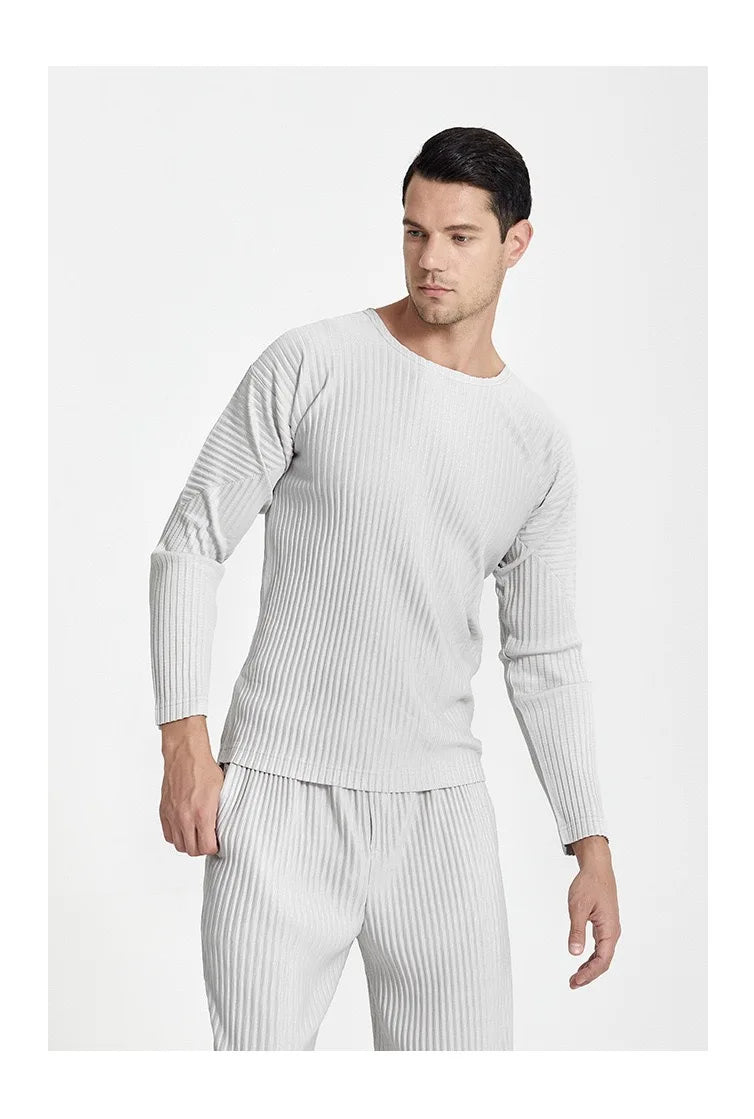 Pleats Original Pleated T-shirt 2024 Spring And Summer New Long-sleeved Round Neck Men's Tops Round Neck T-shirt Casual Clothing