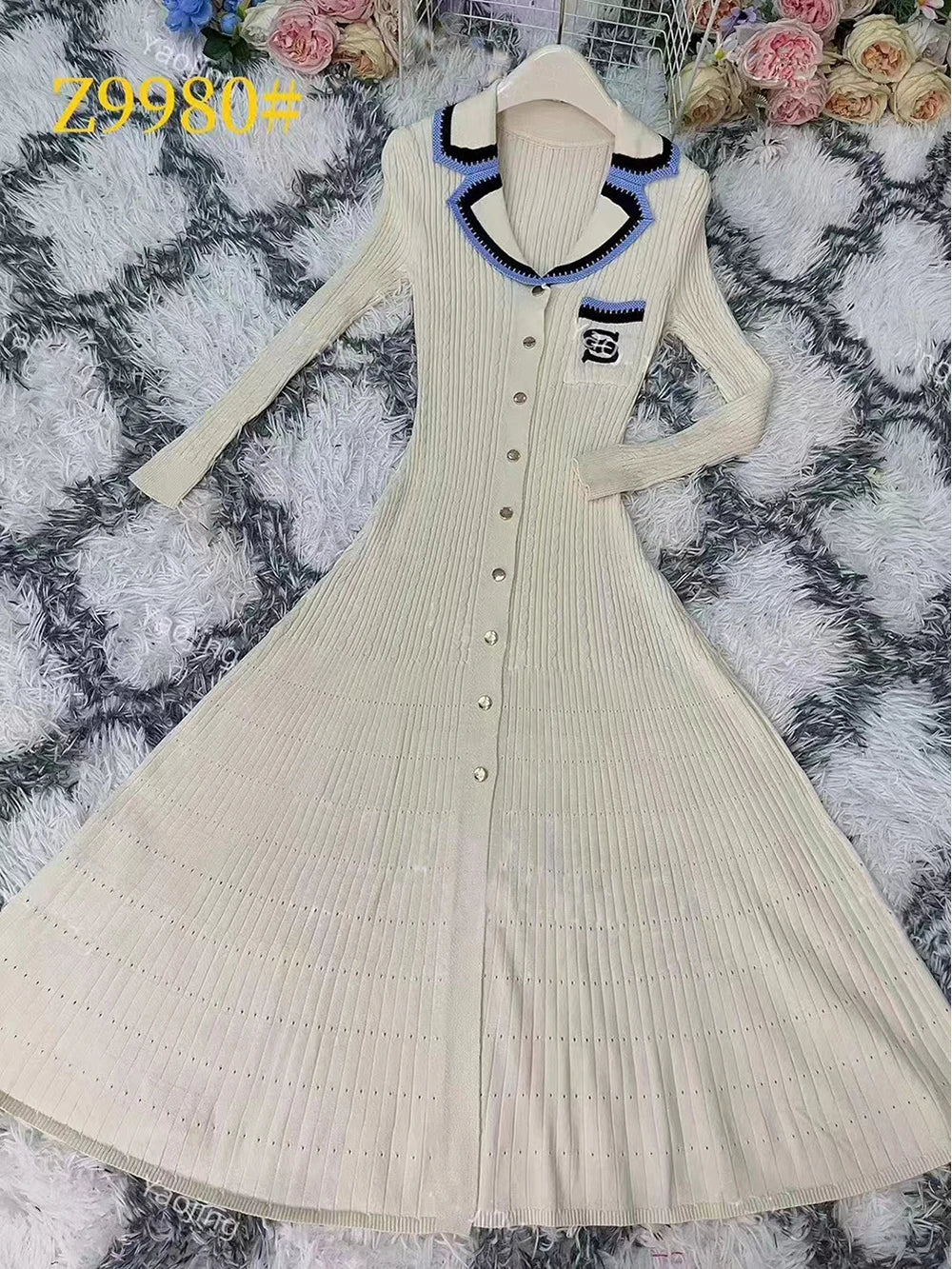 Modphy 2025 Elegant Slim Knitted Long Dress Women's Letter Single Breasted Long Sleeved Designer Vintage Dresses Autumn