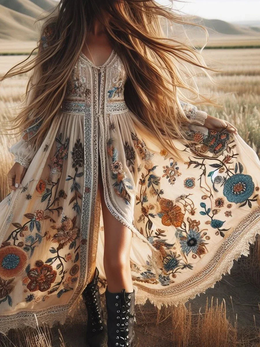 Luxury Elegant Lace Patchwork Boho Women's Long Dress Flower Plants Pattern V Neck Lantern Sleeve Woman's Long Dress for Spring