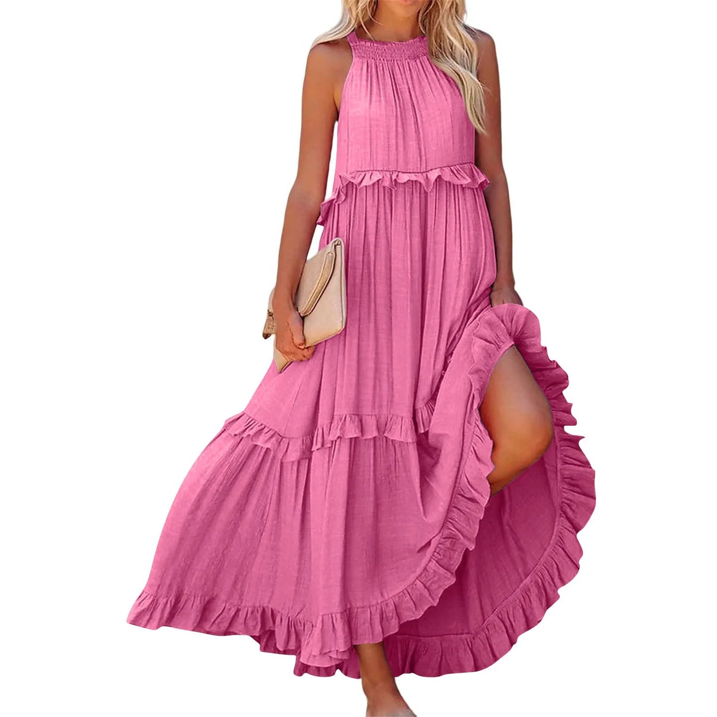 Women's Ruffled hem layered long dresses Summer Sleeveless backless dress Fashion Long Dress Big Swing Beach Dress vestidos
