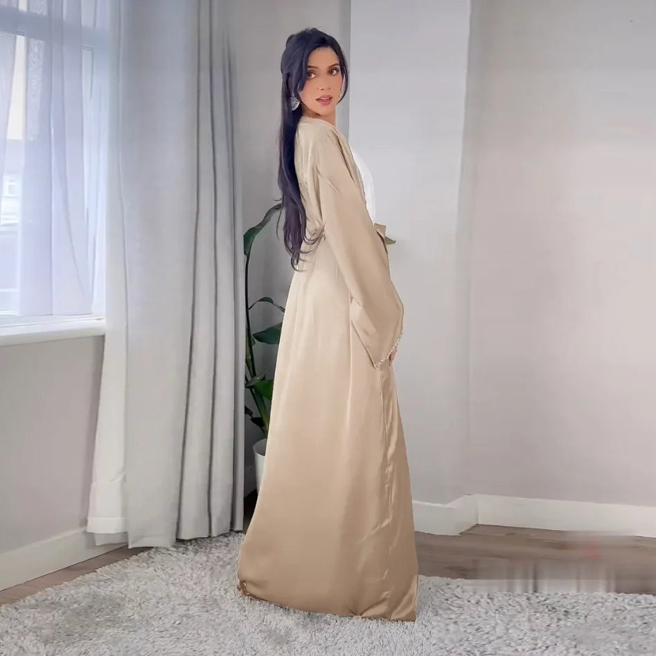 2024 Muslim Dress Diamond Women's Long Dress Fashion Long Sleeve Lace-up Long Abayas Casual Solid Color Clothes for Muslim Women