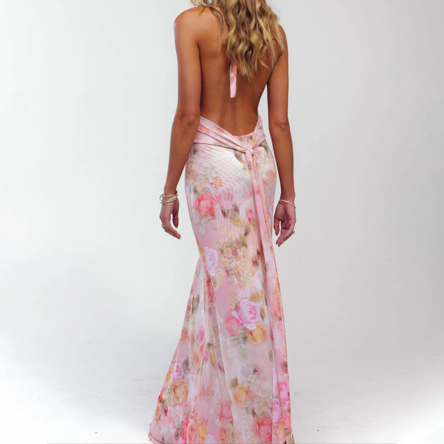Combhasaki Women Summer Sleeveless Tie-up Halter Deep V-Neck Backless Flower/Dots Print Ruffle Hem Mesh Ruched A-line Long Dress