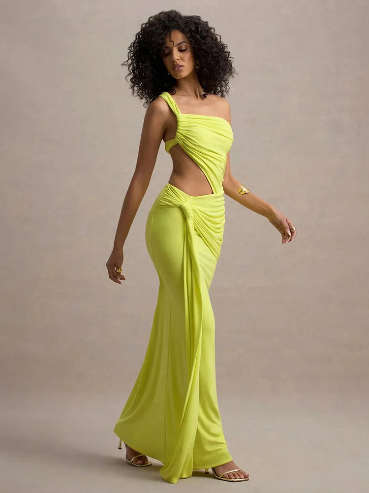 Mozision Irregular Ruched Sexy Maxi Dress For Women Gown Hollow Out One Shoulder Sleevelessdraped Bodycon Club Party Long Dress