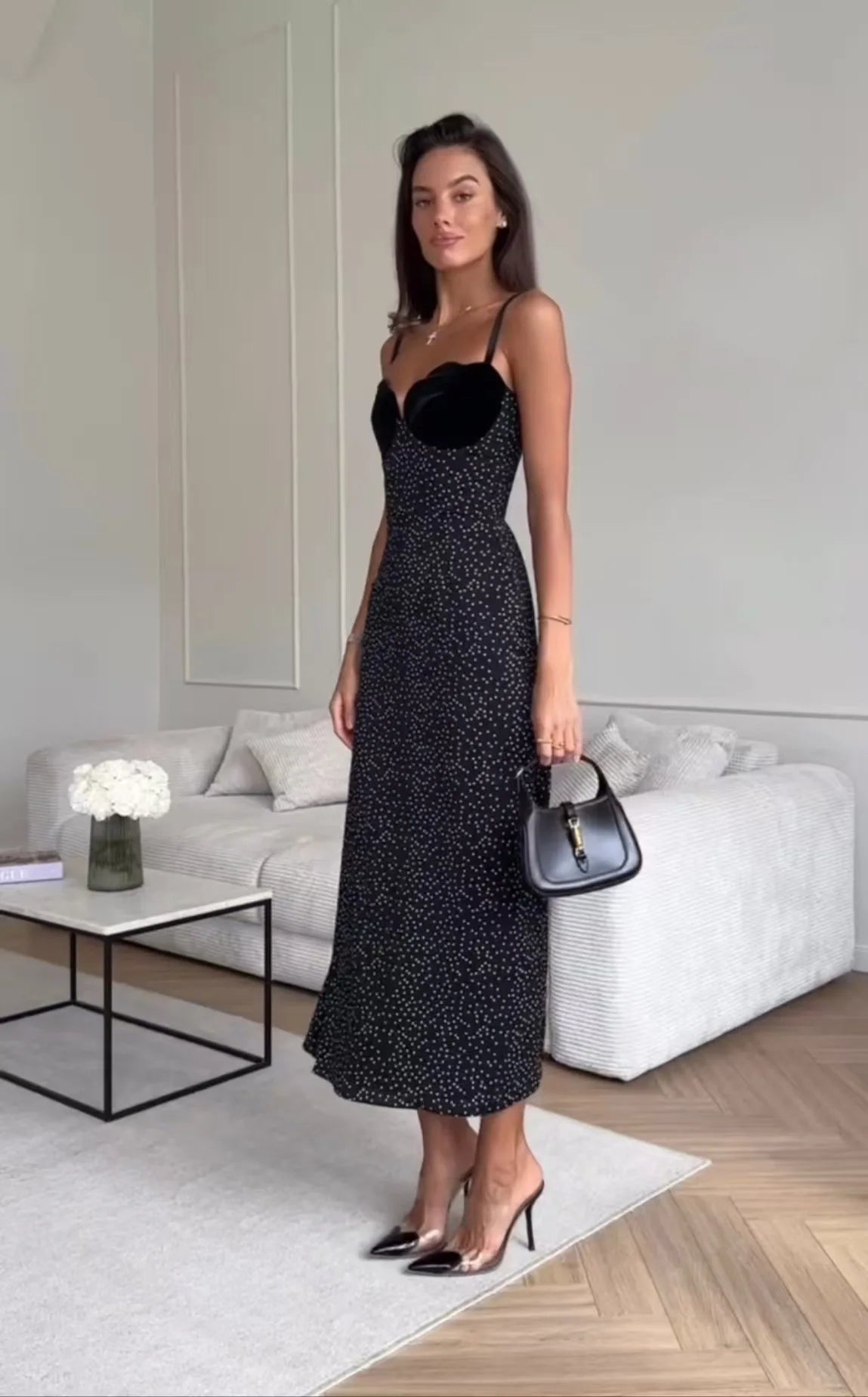 Sleeveless Strapless Polka Dot Patchwork Long Dress Women Spring Summer 2025 Fashion Streetwear Elegant Sexy Black Dresses