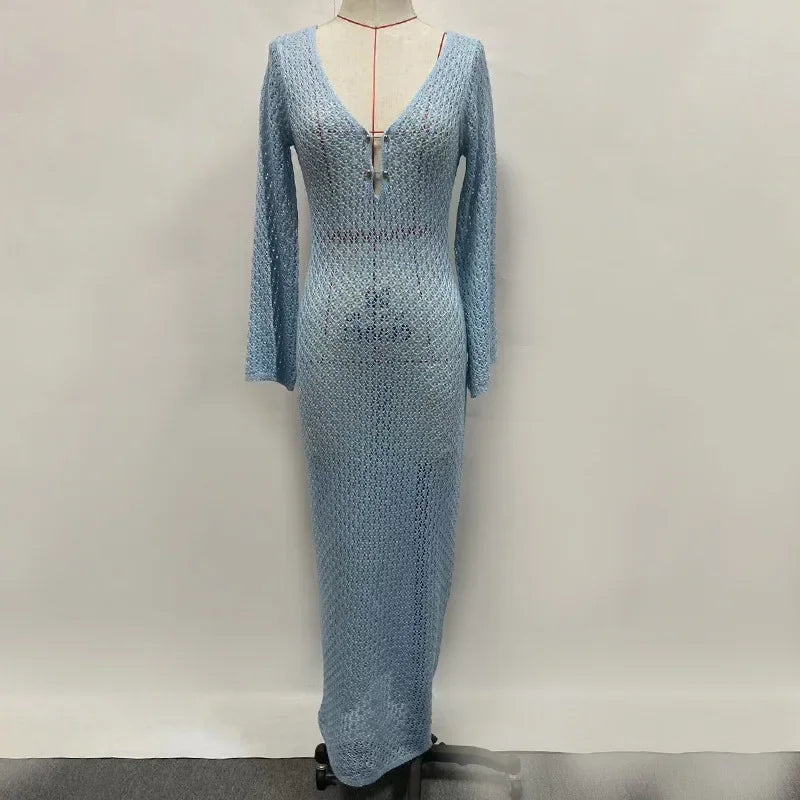 TARUXY Crochet Beach Maxi Dress Women's Sexy Knitted Hollow Bikini Swimsuit Cover-Up Sun Protection Dress See Through Slim Lady