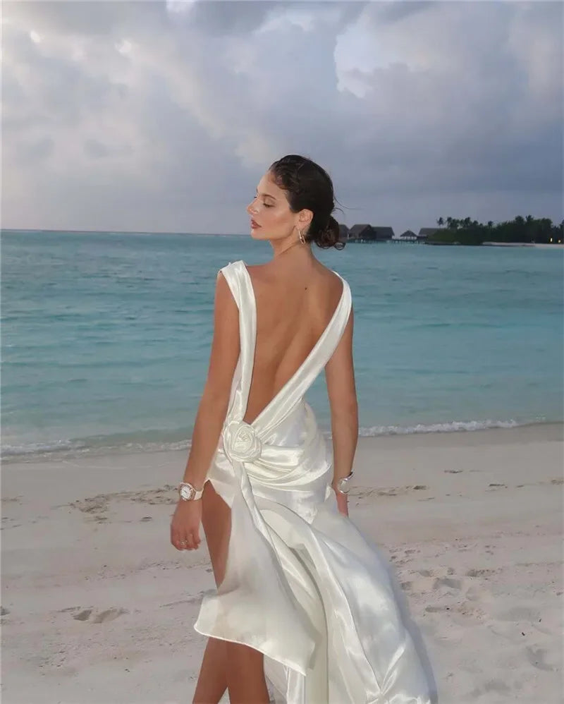 2025 Satin Backless Sexy Long Dress for Women Elegant Rose Thigh High Waist Beach Holiday Gorgeous Club