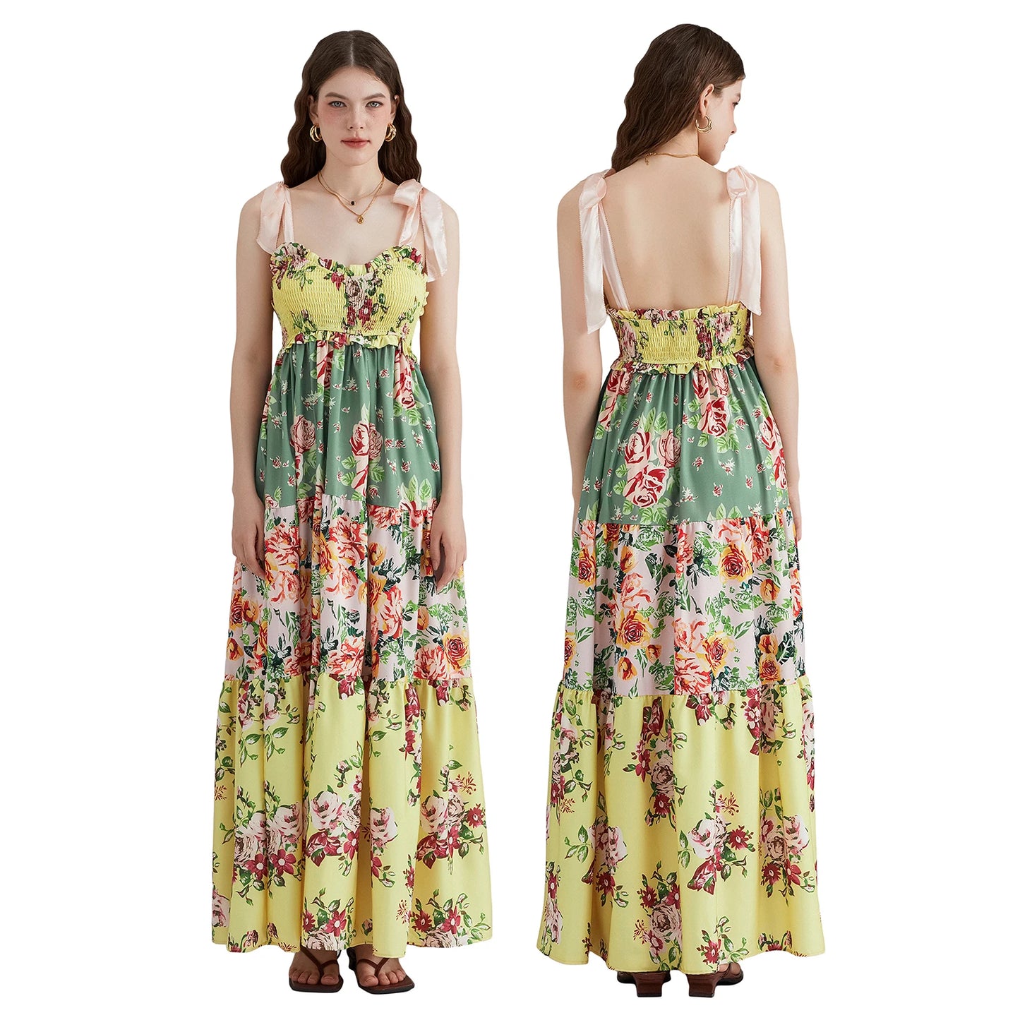 Combhasaki Women's Y2K Vintage Floral Print Ribbon Tie-Up Shoulder Straps Sleeveless V-Neck Summer Big Swing A-line Long Dress