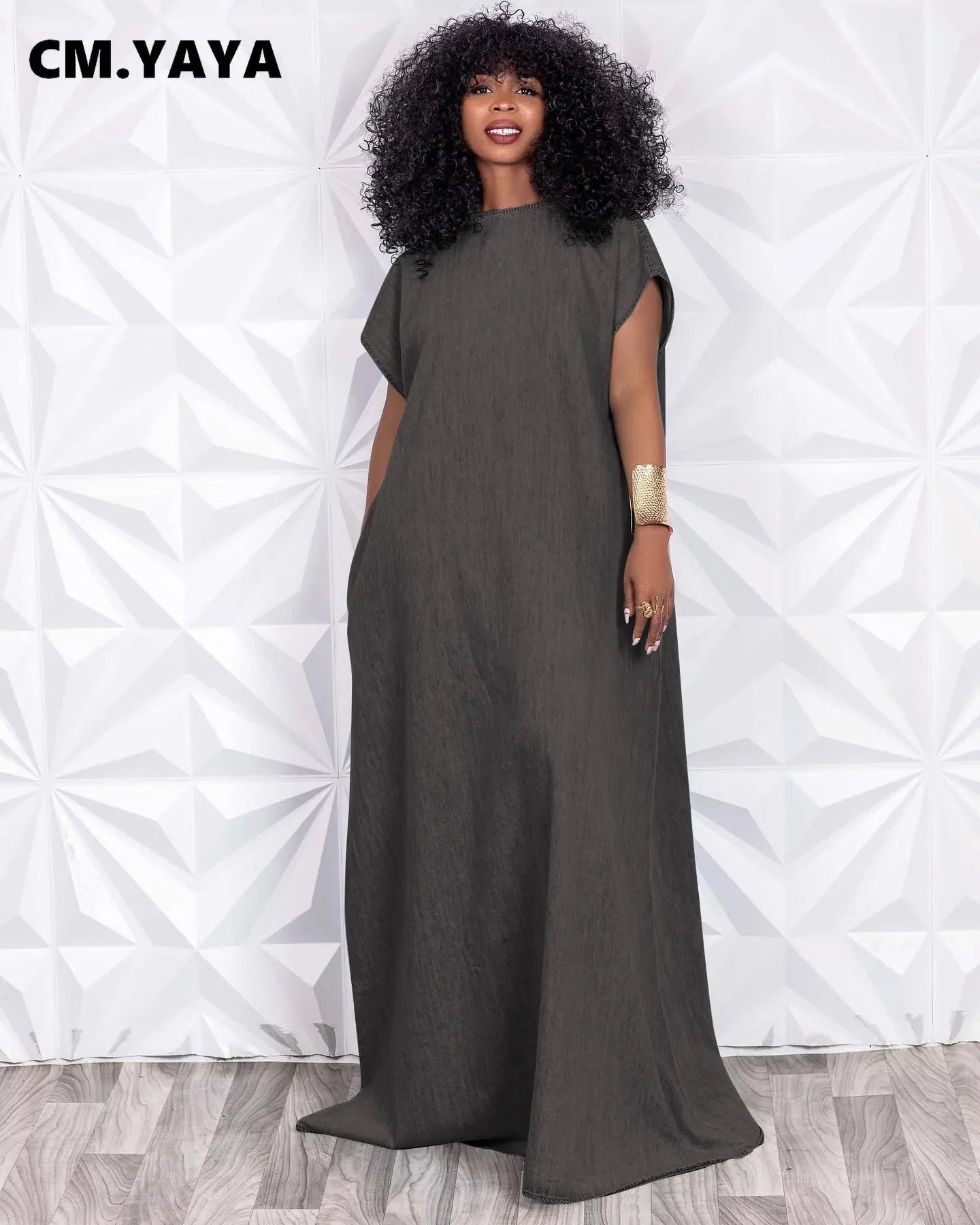 CM.YAYA Vintage Women Fashion Batwing Short Sleeve Denim V-back Loose Slim Maxi Long Dress 2023 High Street Vestido Jean Dresses