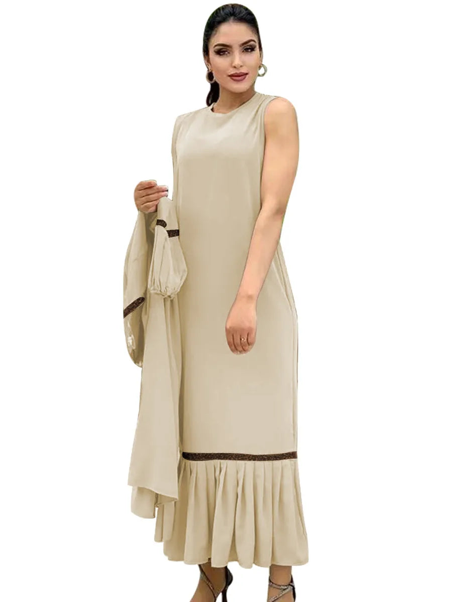 Muslim Women Hijab Dress 2 Piece Set Eid Lantern Sleeve Maxi Long Dress Islamic Clothing Caftan Kimono Big Swing Abaya Dresses