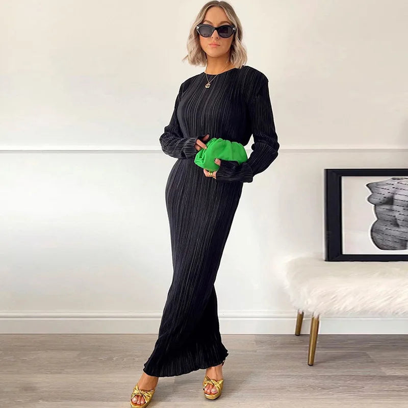 Dulzura Women 2024 Autumn Winter Fashion Long Sleeve Streetwear Bodycon Black Long Dress Wholesale Items For Business