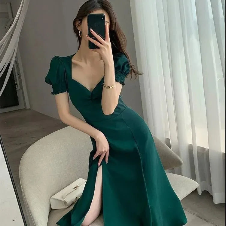 Sweet Vintage French Style Women's Long Dress Summer Hot Sale Of The Season New Bubble Sleeve Square Collar A- Line Split Skirt