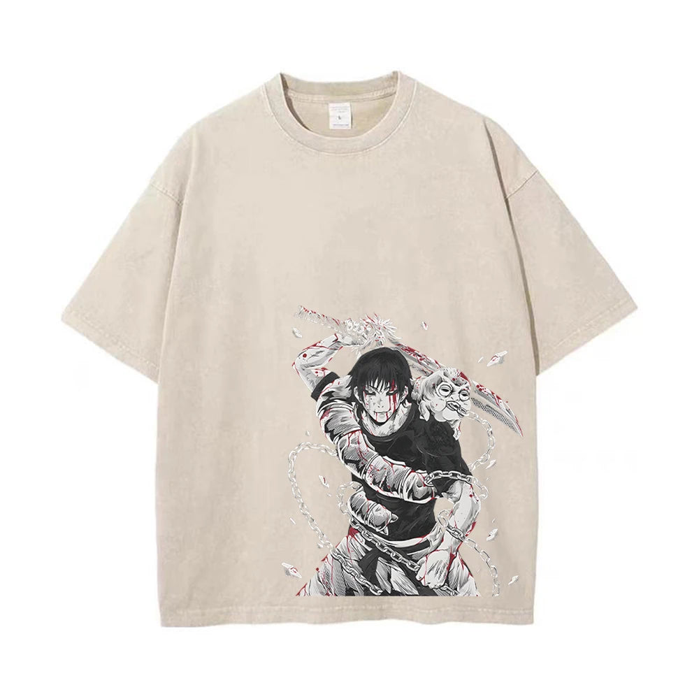 Men Streetwear Washed Apricot White Oversized T Shirt Japanese Anime Graphic Print T-Shirt Summer Cotton Short Sleeve Tees
