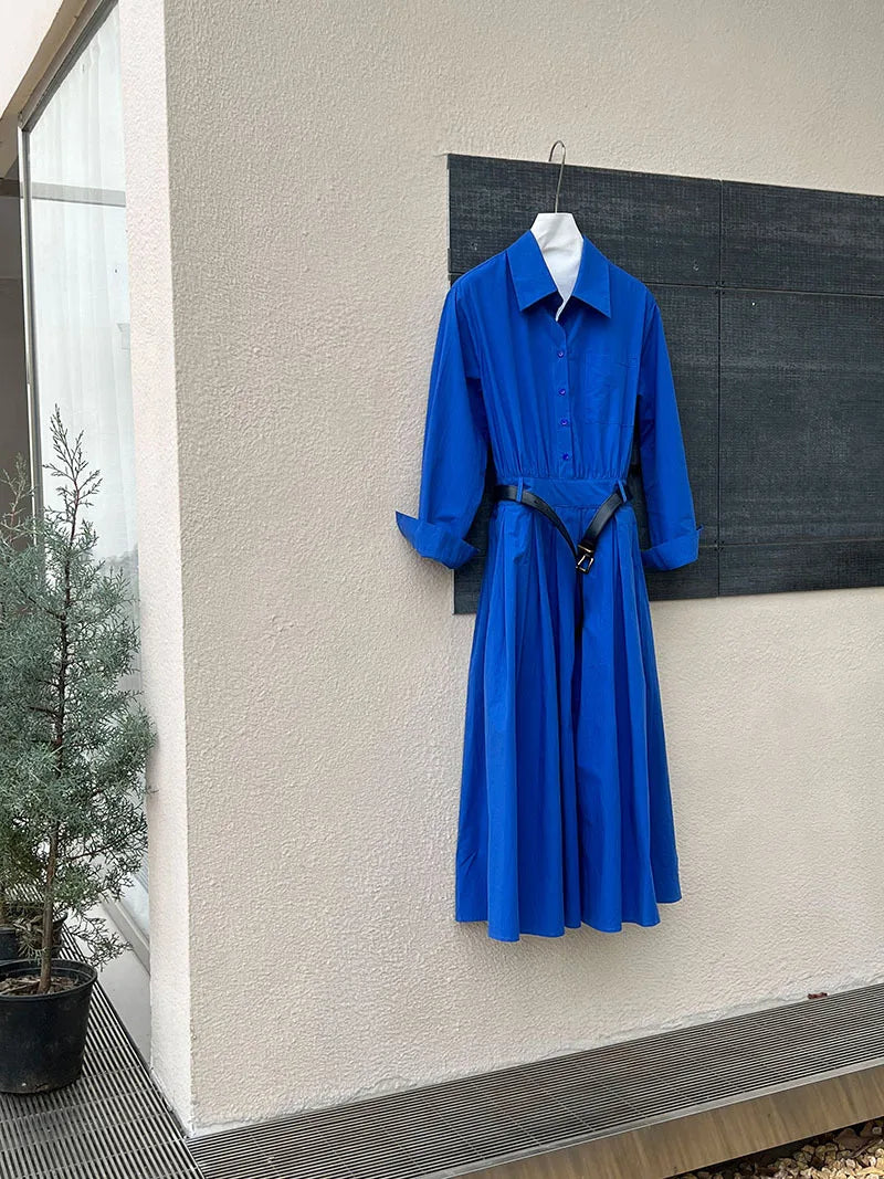 Polo‘s Collar Shirt Dress Women Spring Slimming Long Dress With A Cinched Waist Blue / Pink