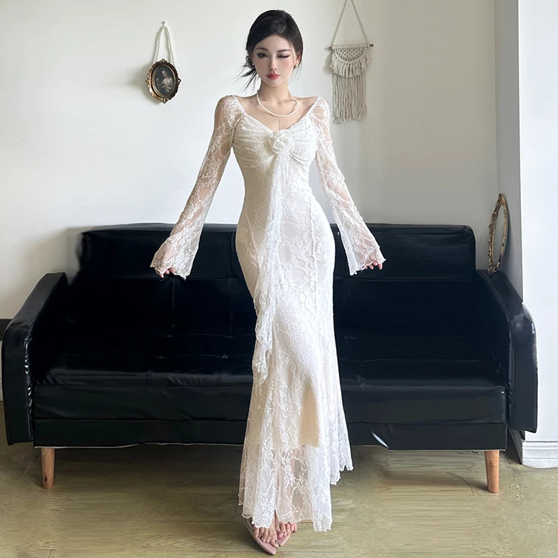 Sexy Lace Womens Dresses Summer Spring Fashion Elegant Evening Party Long Dress Birthday Prom Vestidos Female Clothing