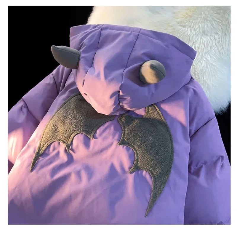 Winter New Cotton Jacket Devil Wing Embroidery Bread Jackets Men's Women's Vintage Harajuku Casual Loose Hooded Cotton-padded