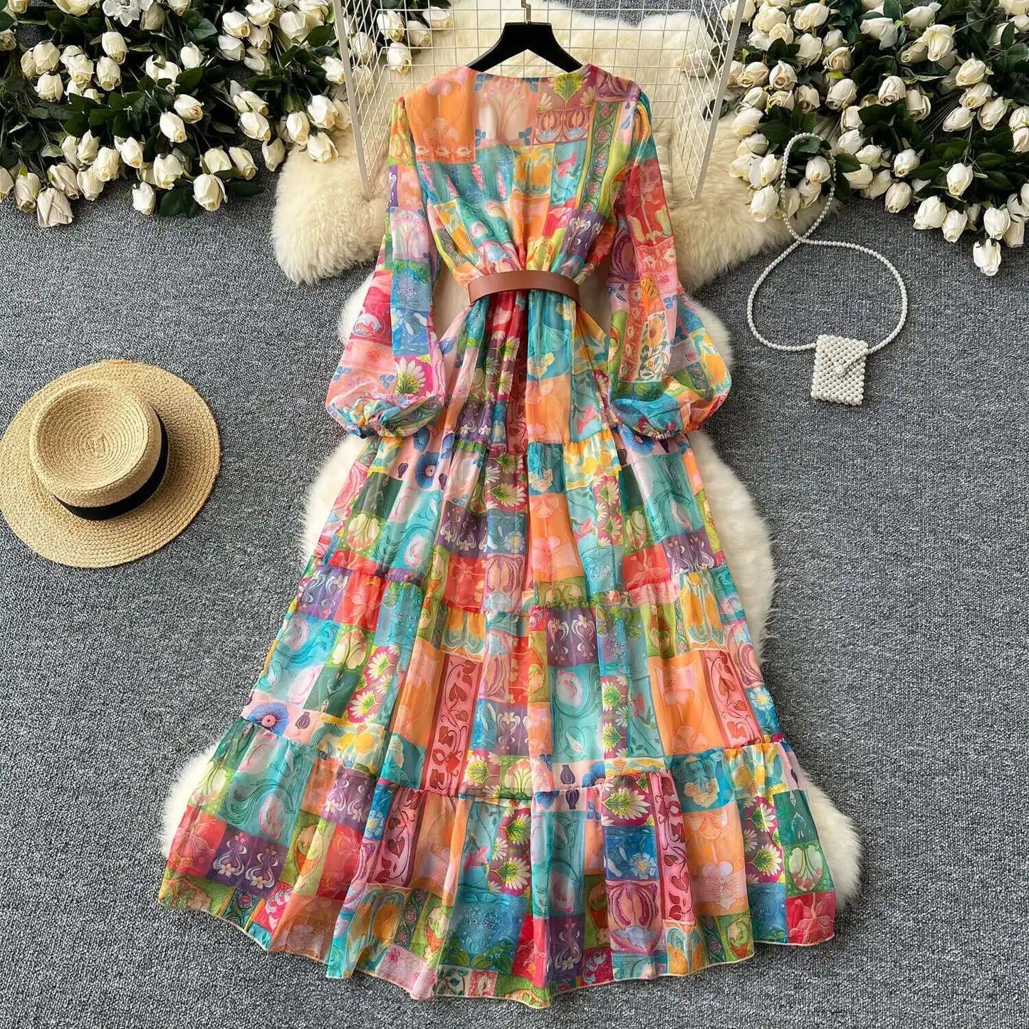 XFPV 2025 Spring New Fashion High-end V-neck Lantern Sleeves High Waist Print Swing Ruffle Edge Chiffon Long Dress Women SM11517